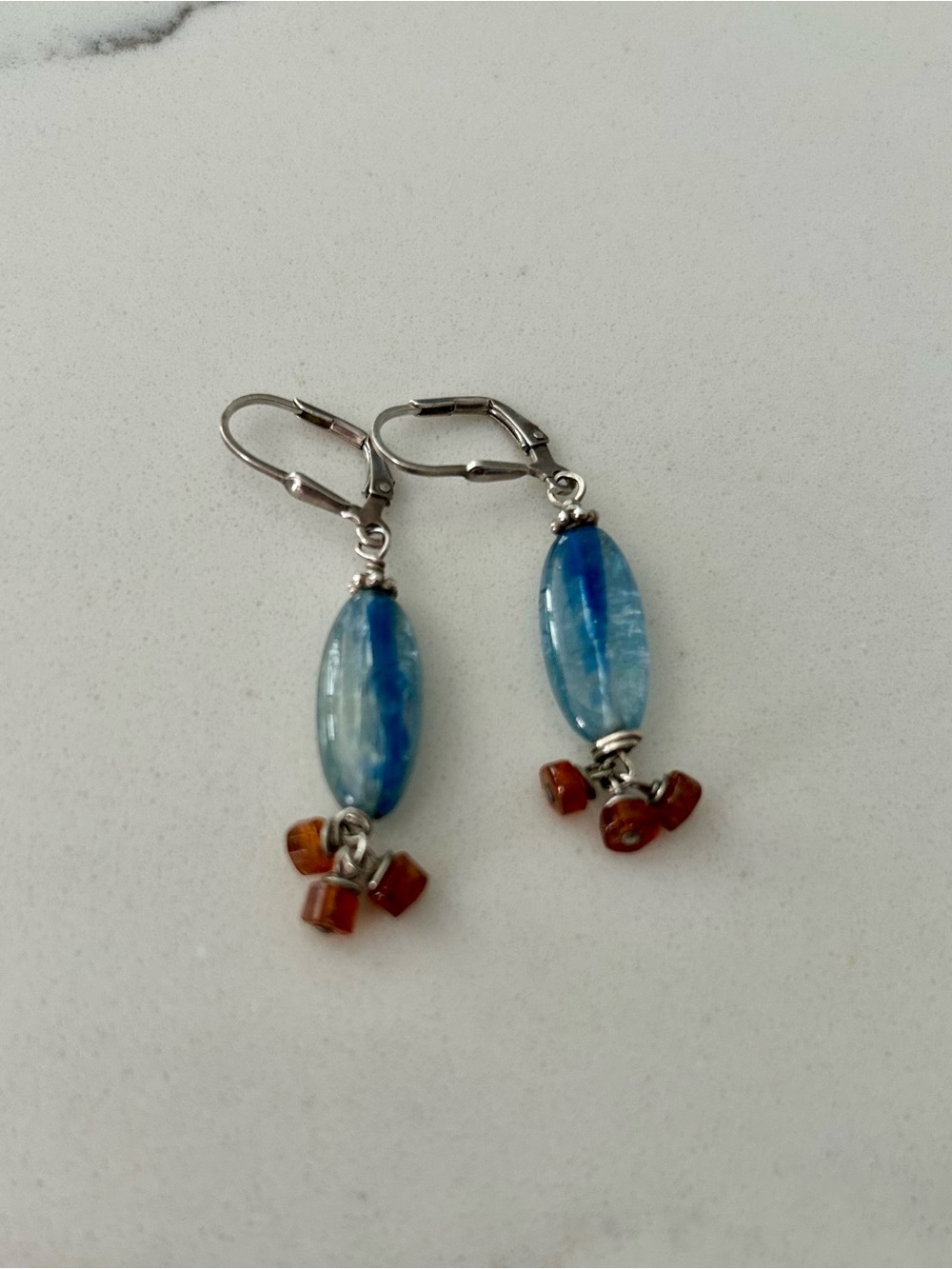 Artisan Sterling Silver Blue Glass Drop Earrings with Amber Accent